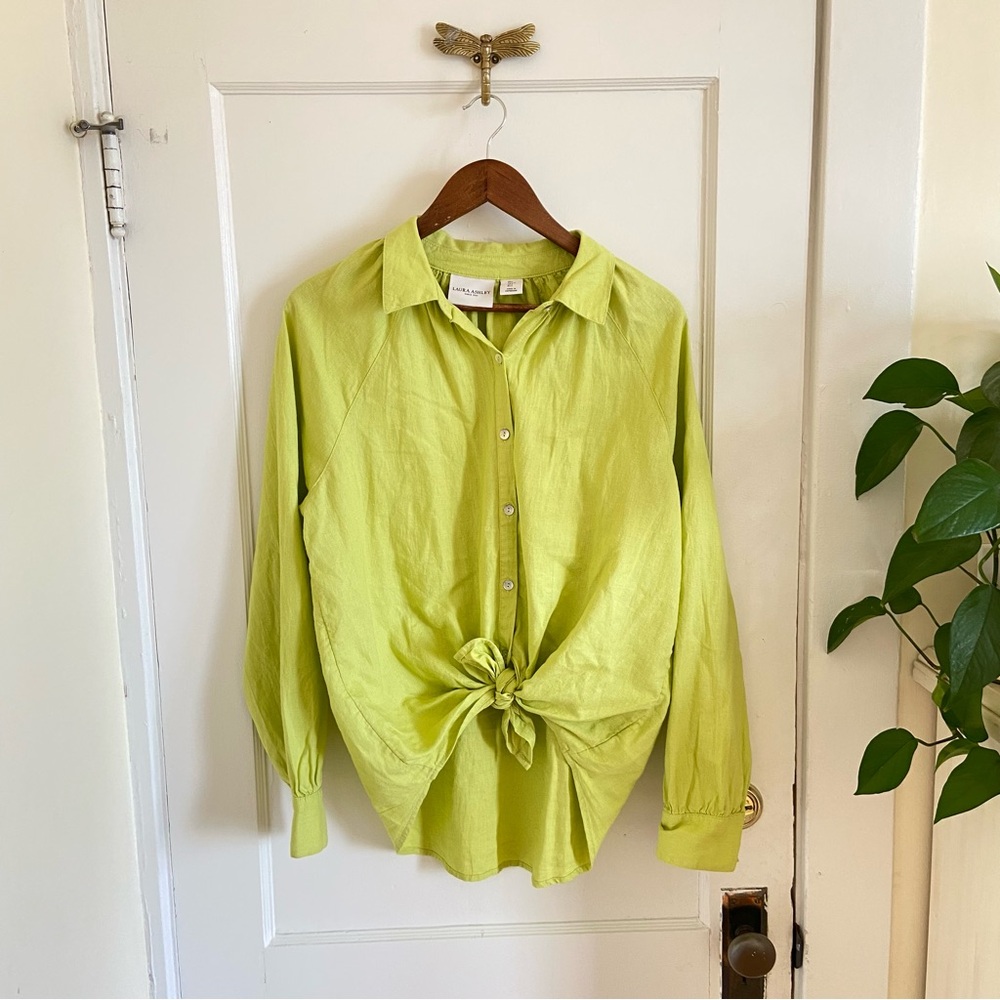 Laura Ashley Bright Green Linen Blend Button‎ Up Blouse Large